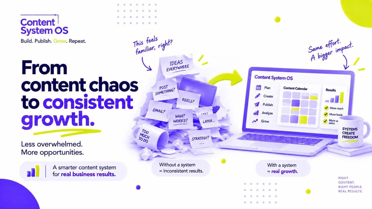 Scattered notes moving into a Content System OS dashboard for consistent content and measurable growth.