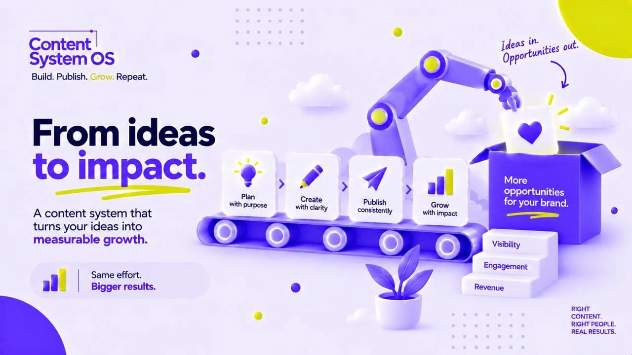 Content conveyor moving from planning and creation through publishing to visibility, engagement, opportunities and revenue.