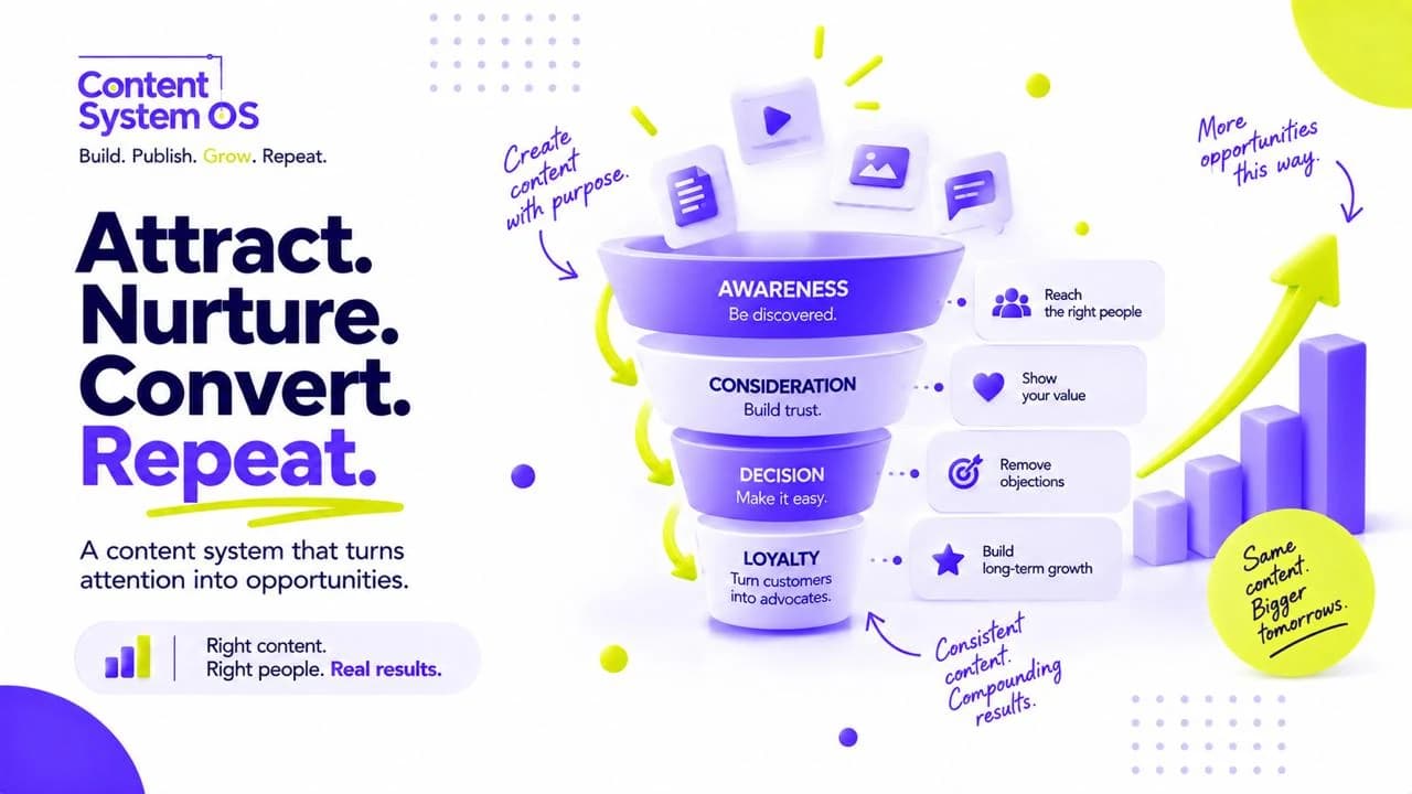 Content funnel connecting awareness, consideration, decision and loyalty to business growth.