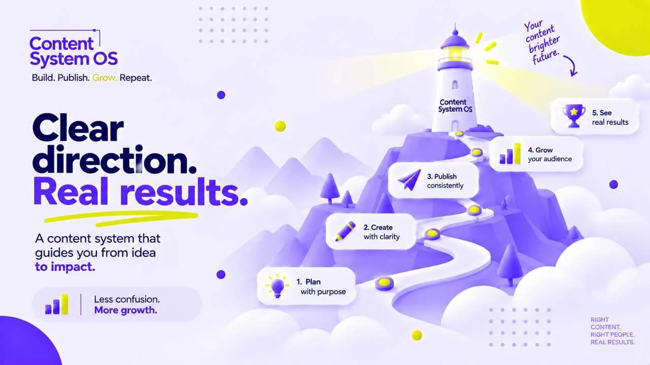 Mountain path moving from content planning and creation to consistent publishing, audience growth and results.