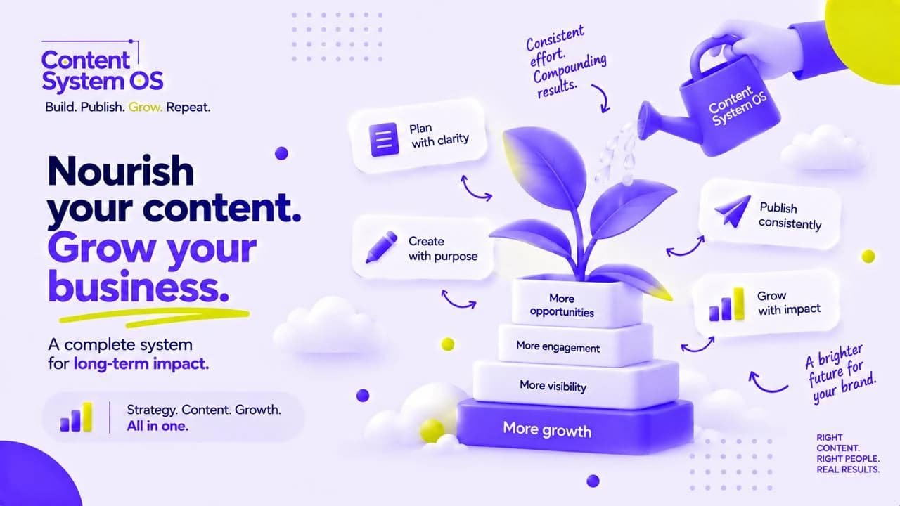 Content System OS watering a plant as planning, creation, publishing and growth produce business results.