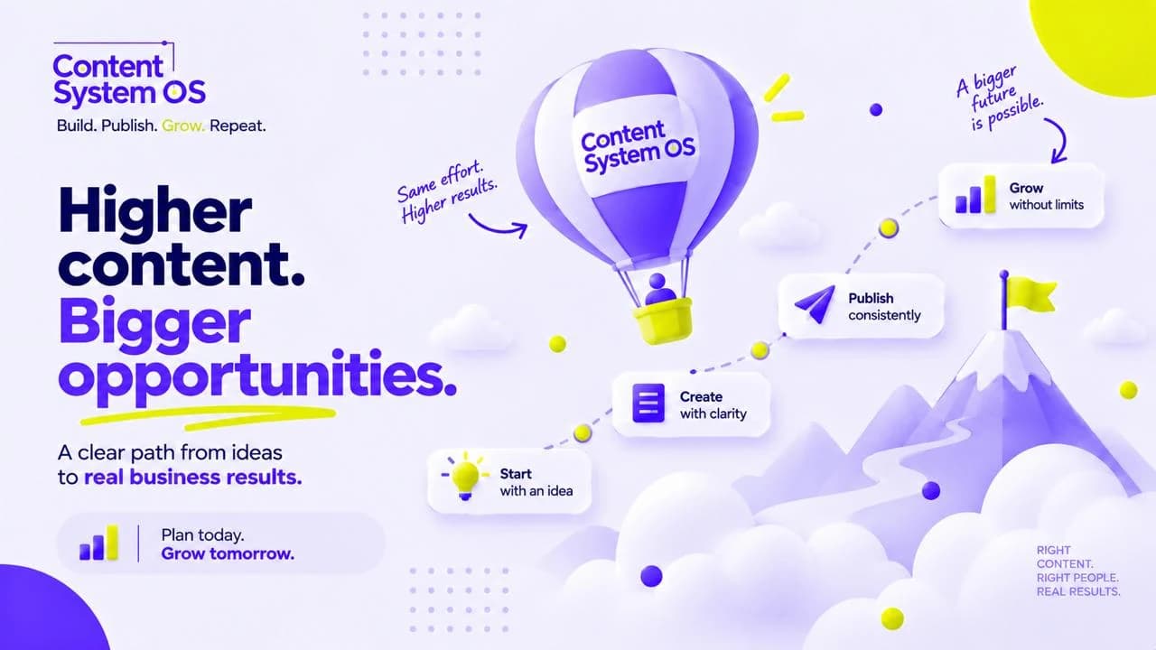 Hot-air balloon following a path from an idea through content creation and consistent publishing to growth.
